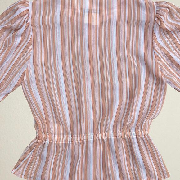 Vintage 70s striped button up blouse, short puff sleeve, cinched tie waist, prep - Picture 4 of 11